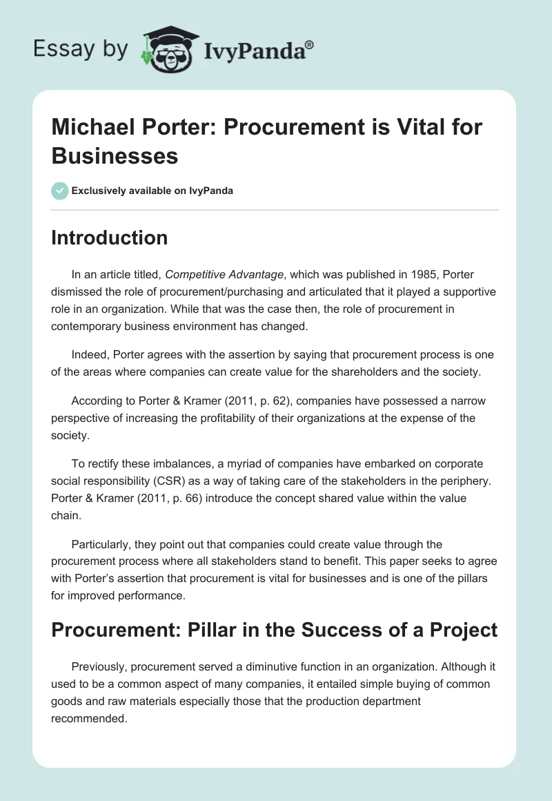 Michael Porter: Procurement Is Vital for Businesses. Page 1