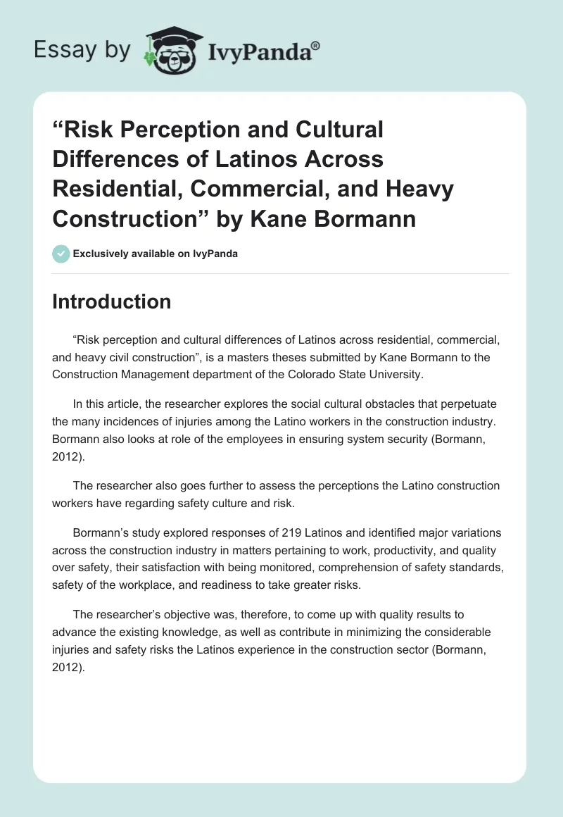 “Risk Perception and Cultural Differences of Latinos Across Residential, Commercial, and Heavy Construction” by Kane Bormann. Page 1