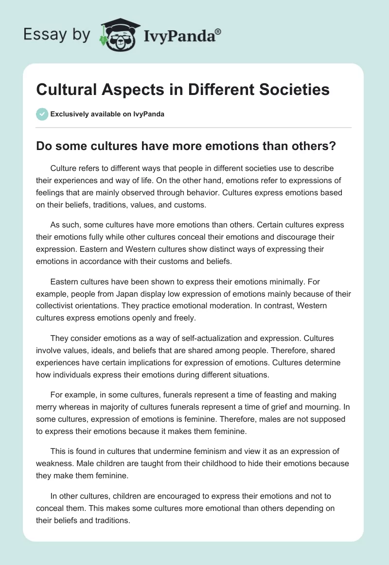 Cultural Aspects in Different Societies. Page 1