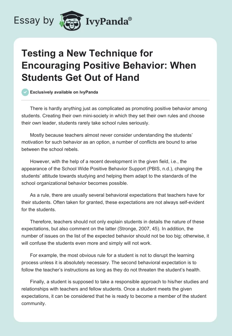 Testing a New Technique for Encouraging Positive Behavior: When Students Get Out of Hand. Page 1