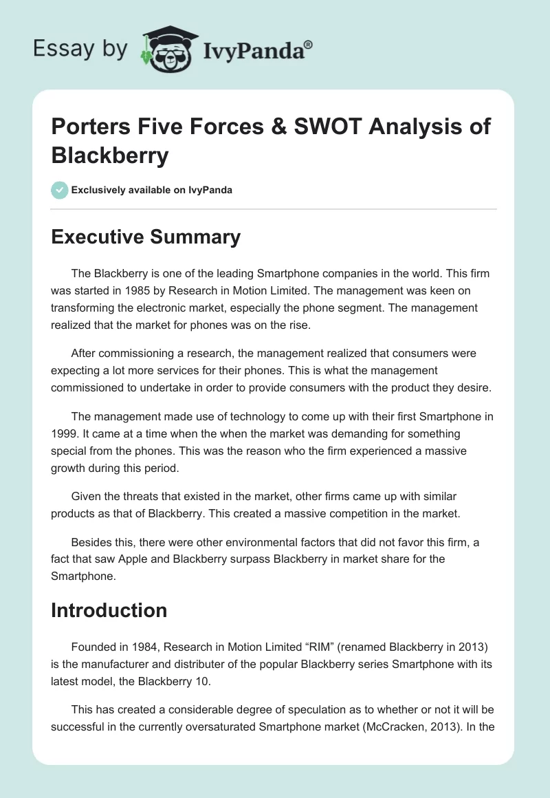 Porters Five Forces & SWOT Analysis of Blackberry. Page 1