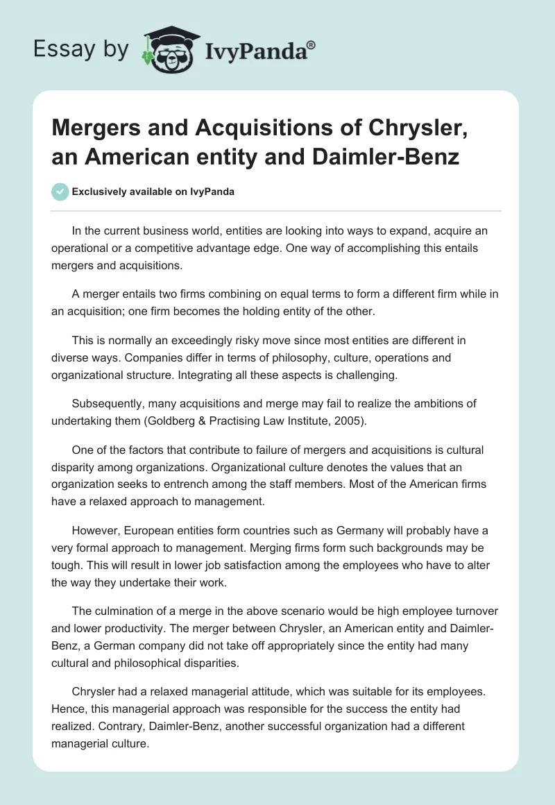 Mergers and Acquisitions of Chrysler, an American Entity and Daimler-Benz. Page 1