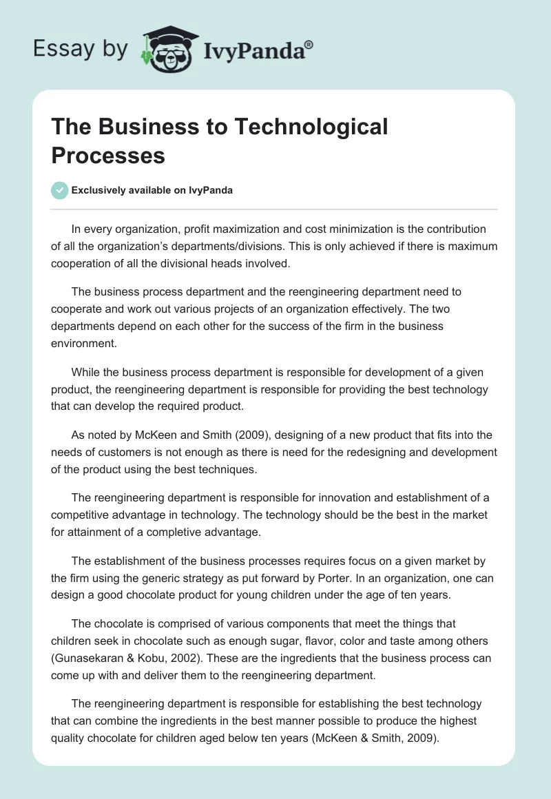 The Business to Technological Processes - 1169 Words | Coursework Example