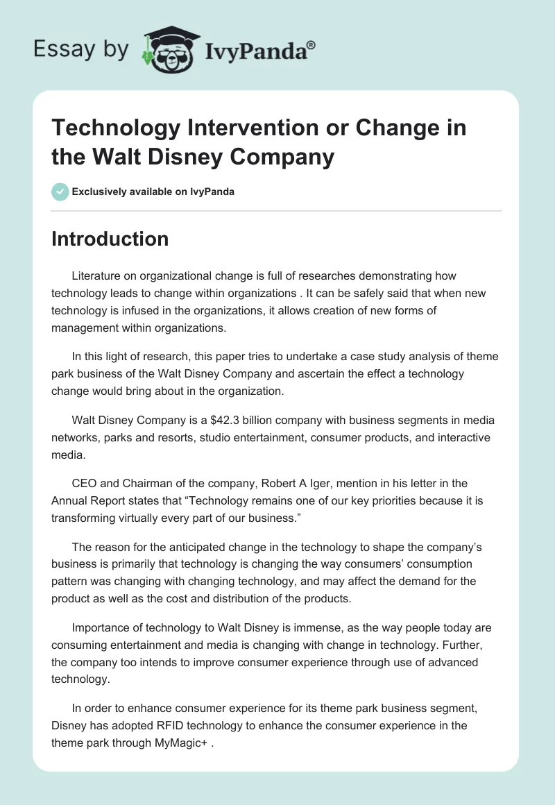 Technology Intervention or Change in the Walt Disney Company. Page 1