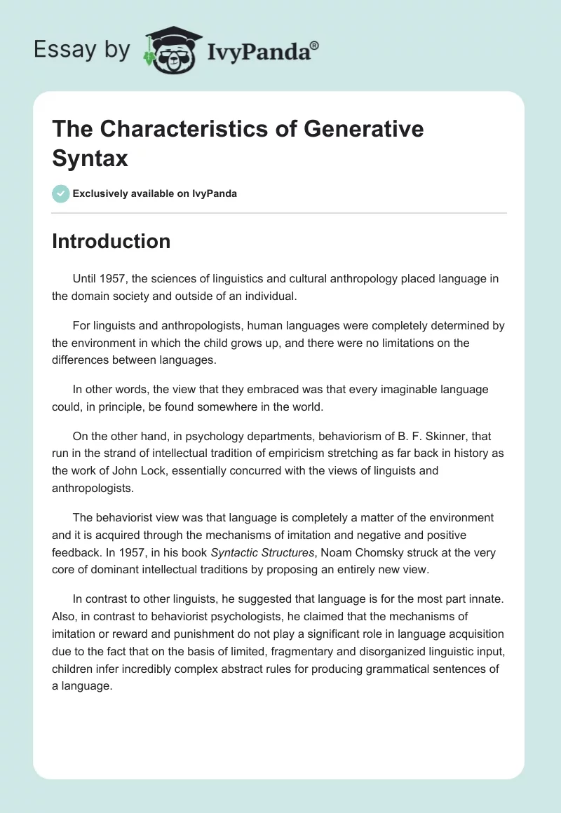 The Characteristics of Generative Syntax. Page 1