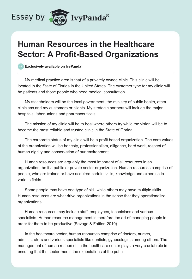 Human Resources in the Healthcare Sector: A Profit-Based Organizations. Page 1