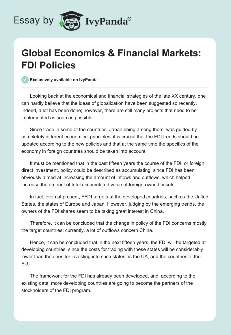 Global Economics & Financial Markets: FDI Policies. Page 1