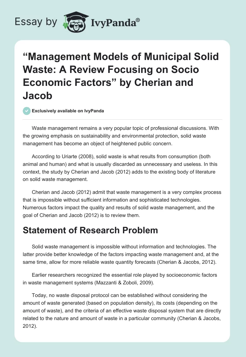 “Management Models of Municipal Solid Waste: A Review Focusing on Socio Economic Factors” by Cherian and Jacob. Page 1