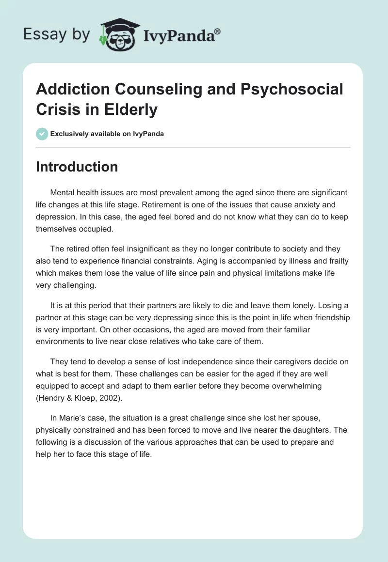 Addiction Counseling and Psychosocial Crisis in Elderly. Page 1
