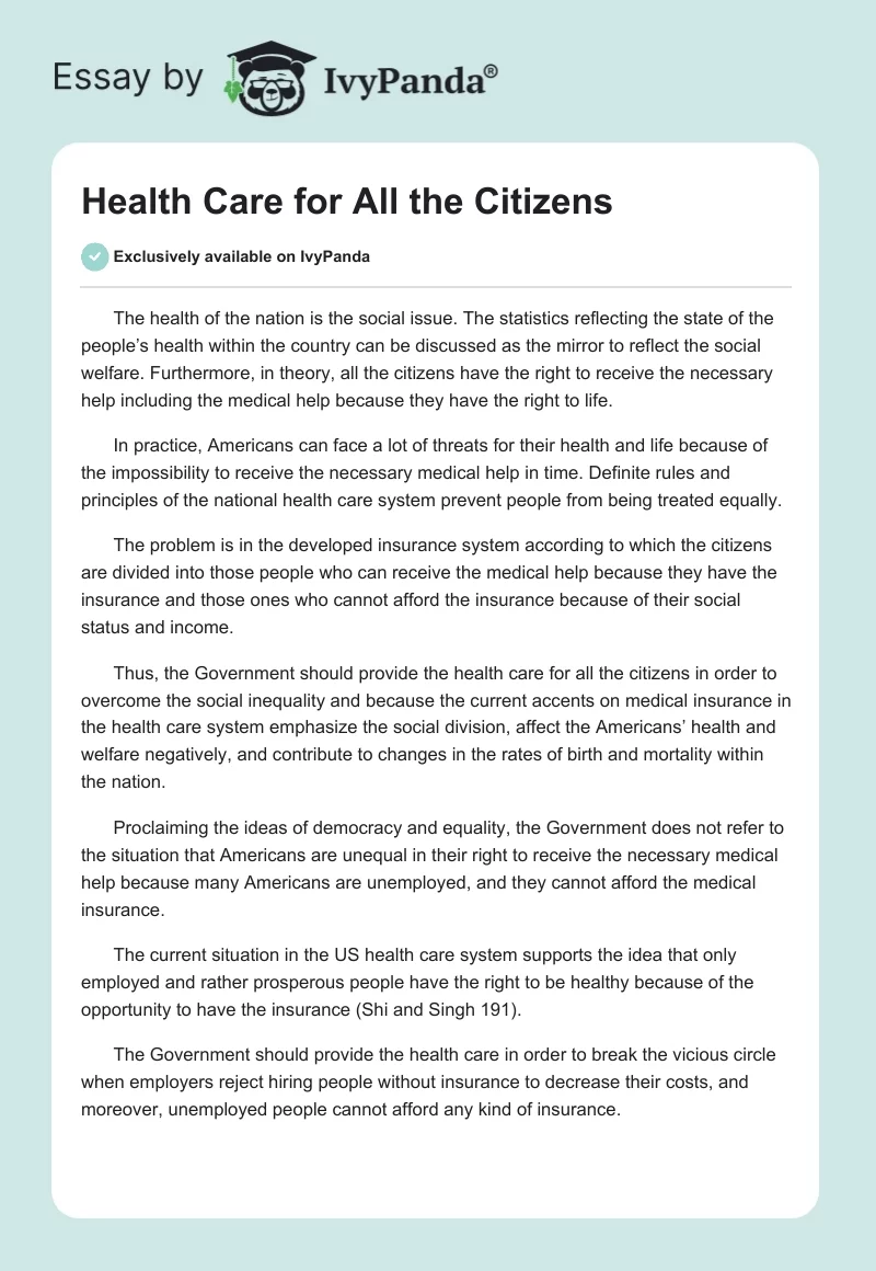 Health Care for All the Citizens. Page 1