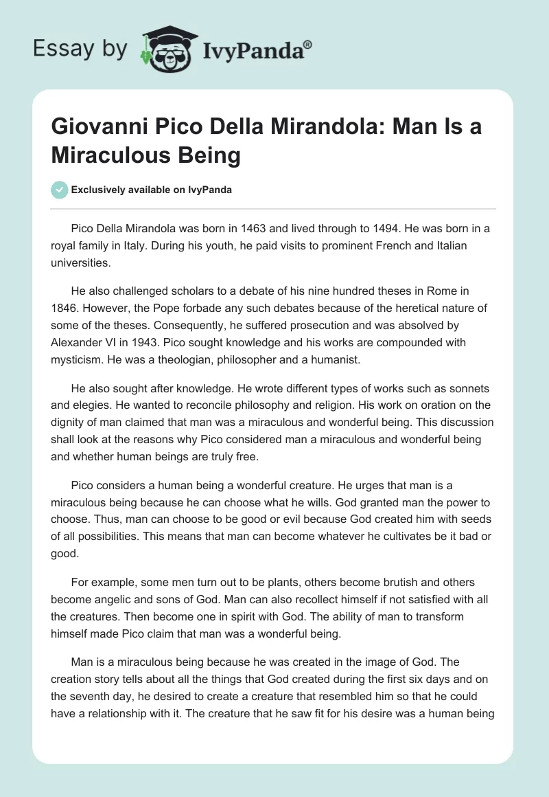 Giovanni Pico Della Mirandola: Man Is a Miraculous Being. Page 1