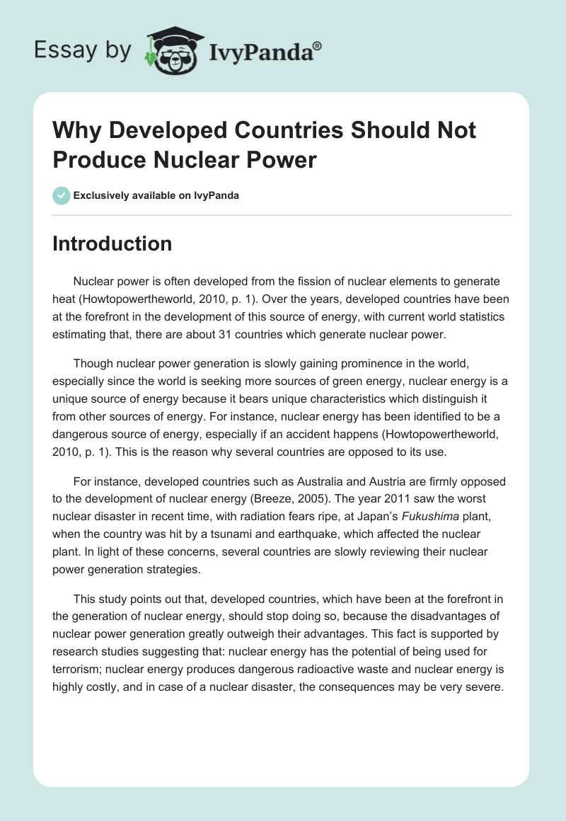 Why Developed Countries Should Not Produce Nuclear Power. Page 1