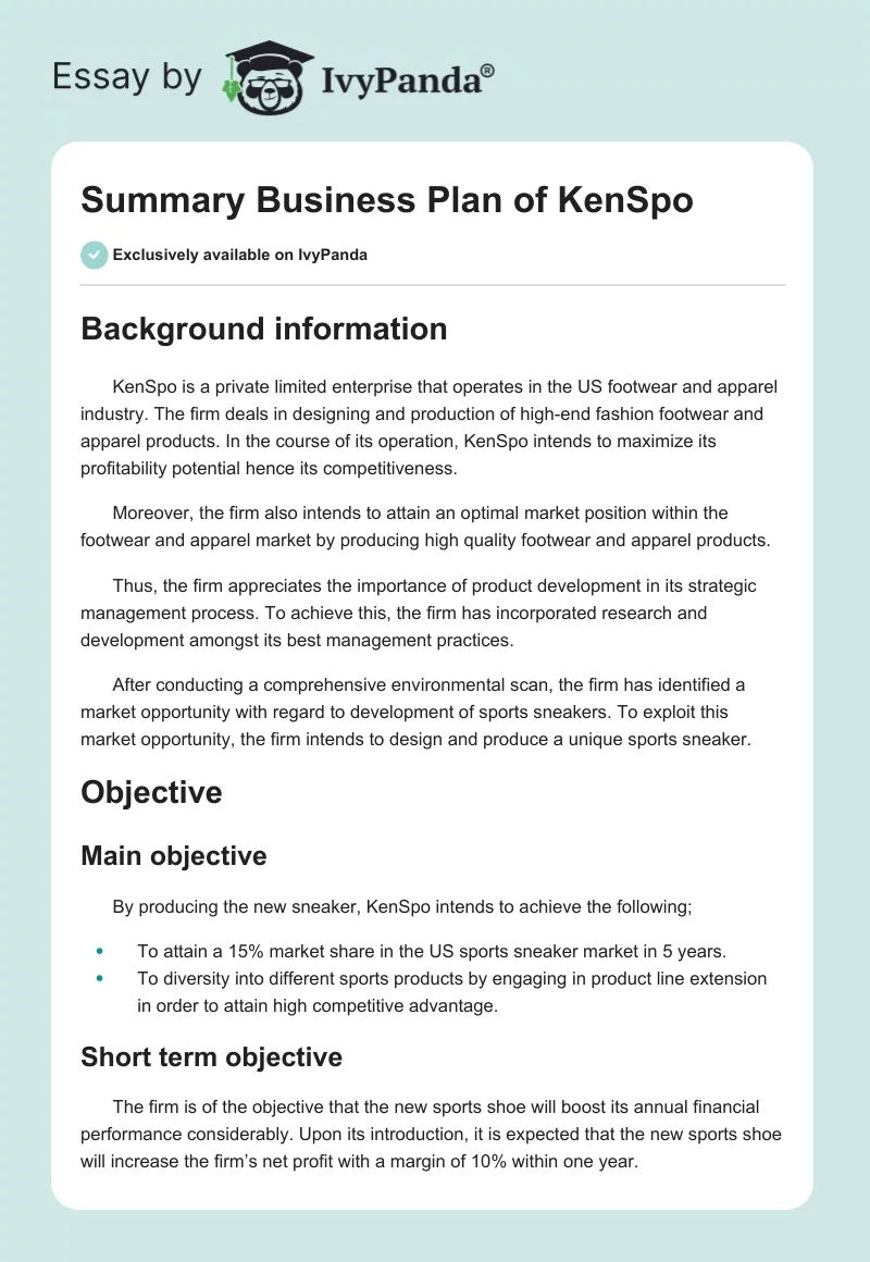 Summary Business Plan of KenSpo. Page 1