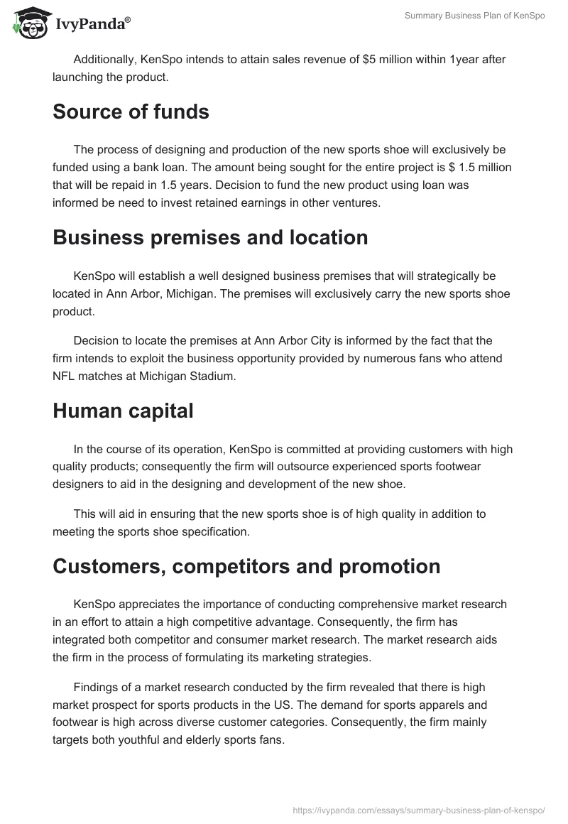 Summary Business Plan of KenSpo. Page 2