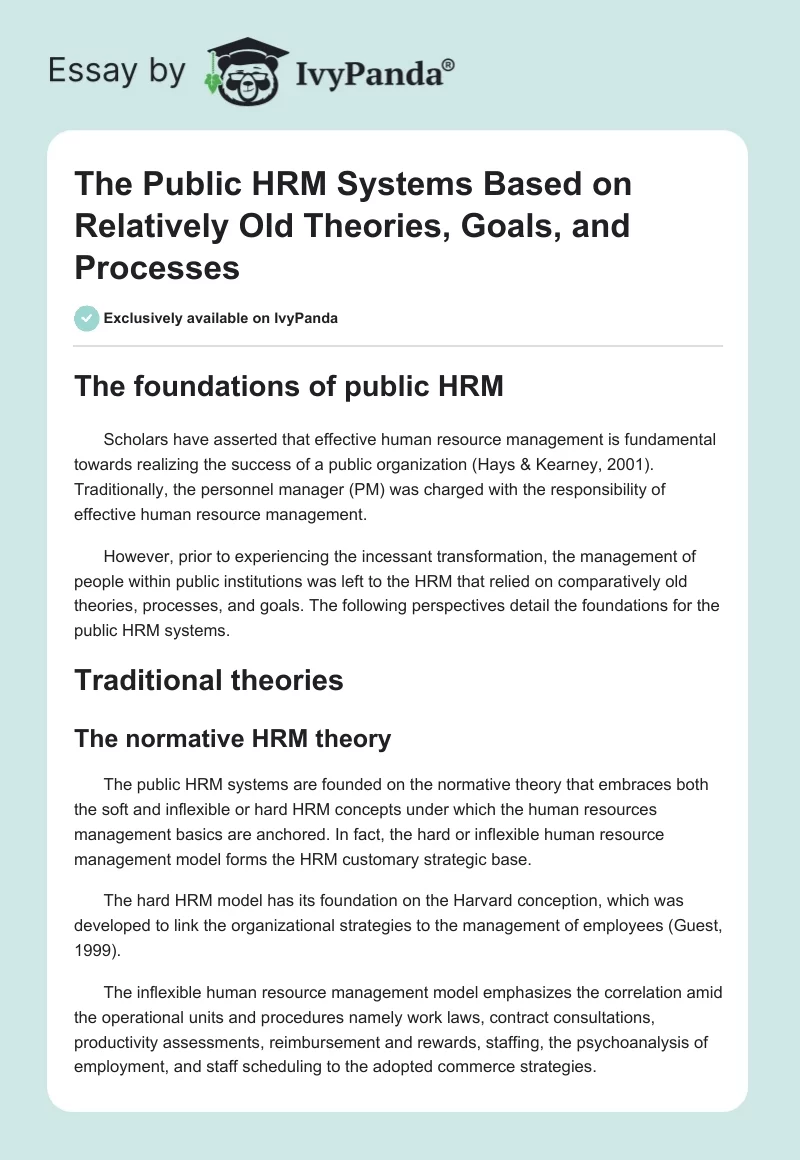 The Public HRM Systems Based on Relatively Old Theories, Goals, and Processes. Page 1