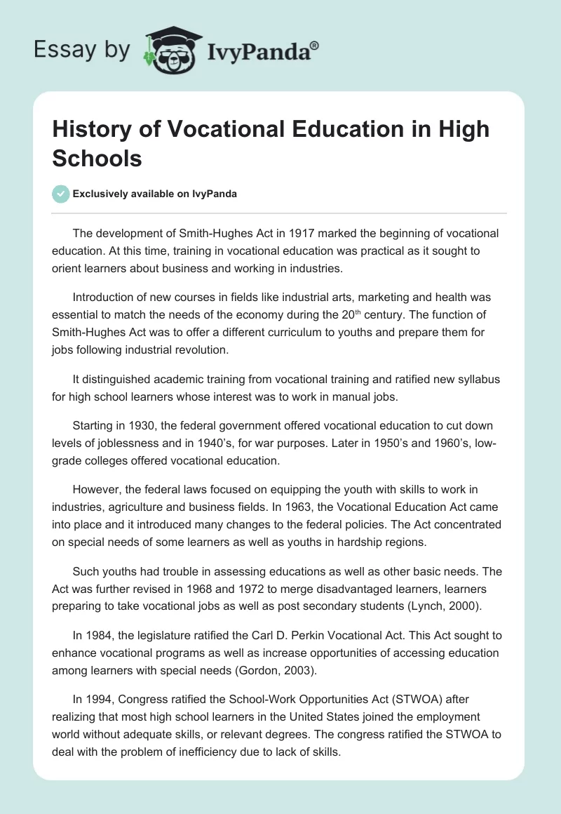 History of Vocational Education in High Schools. Page 1