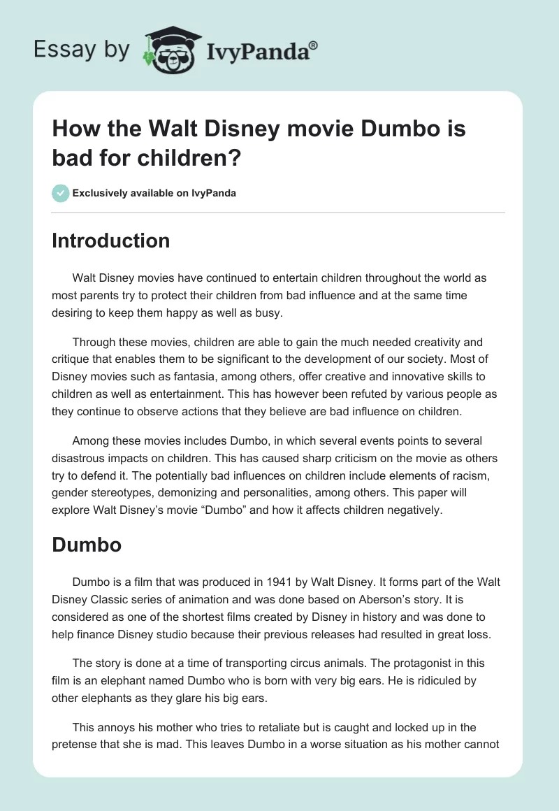 How the Walt Disney Movie "Dumbo" Is Bad for Children?. Page 1