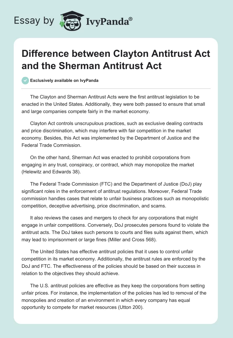 Difference between Clayton Antitrust Act and the Sherman Antitrust Act. Page 1