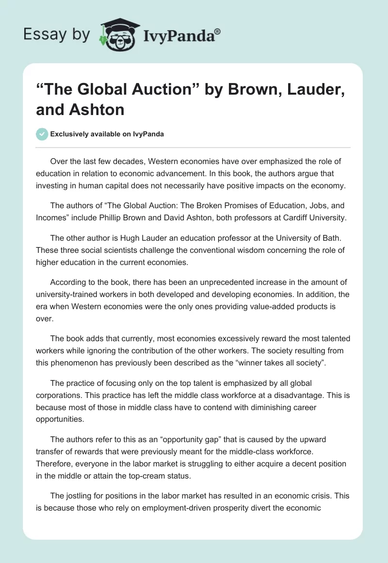 “The Global Auction” by Brown, Lauder, and Ashton. Page 1