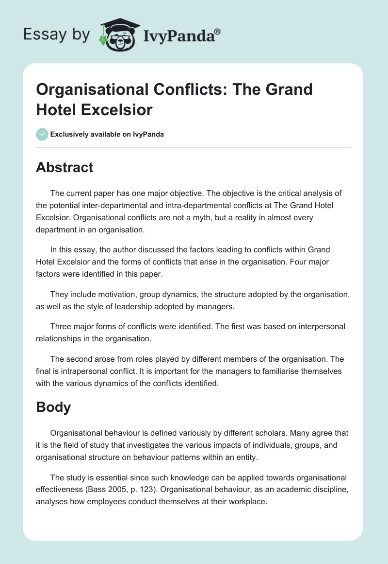Organisational Conflicts: The Grand Hotel Excelsior. Page 1