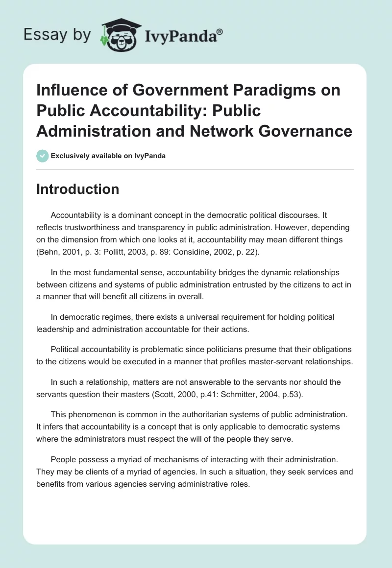 Influence of Government Paradigms on Public Accountability: Public Administration and Network Governance. Page 1