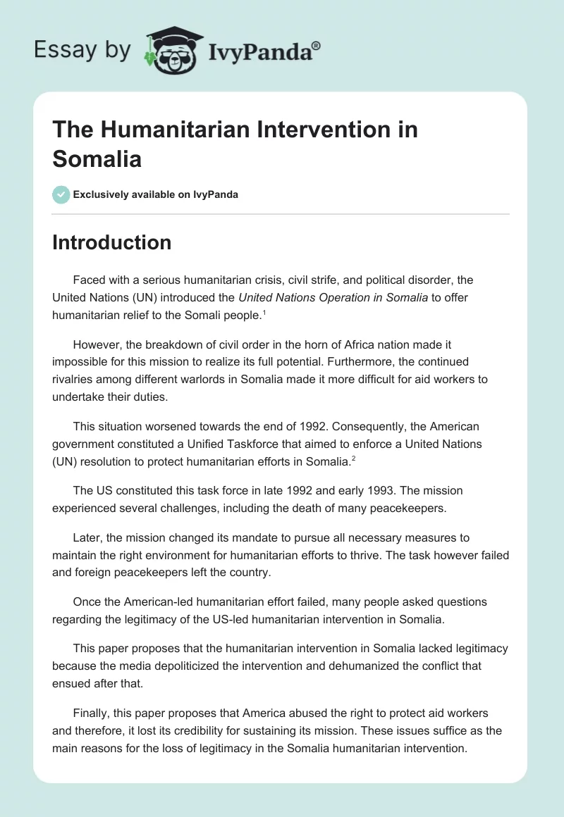 The Humanitarian Intervention in Somalia. Page 1
