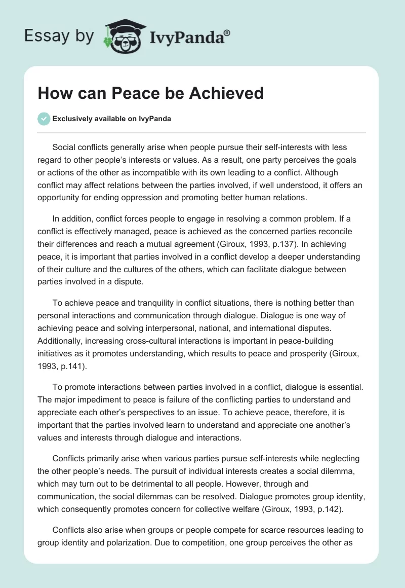 can world peace be achieved essay