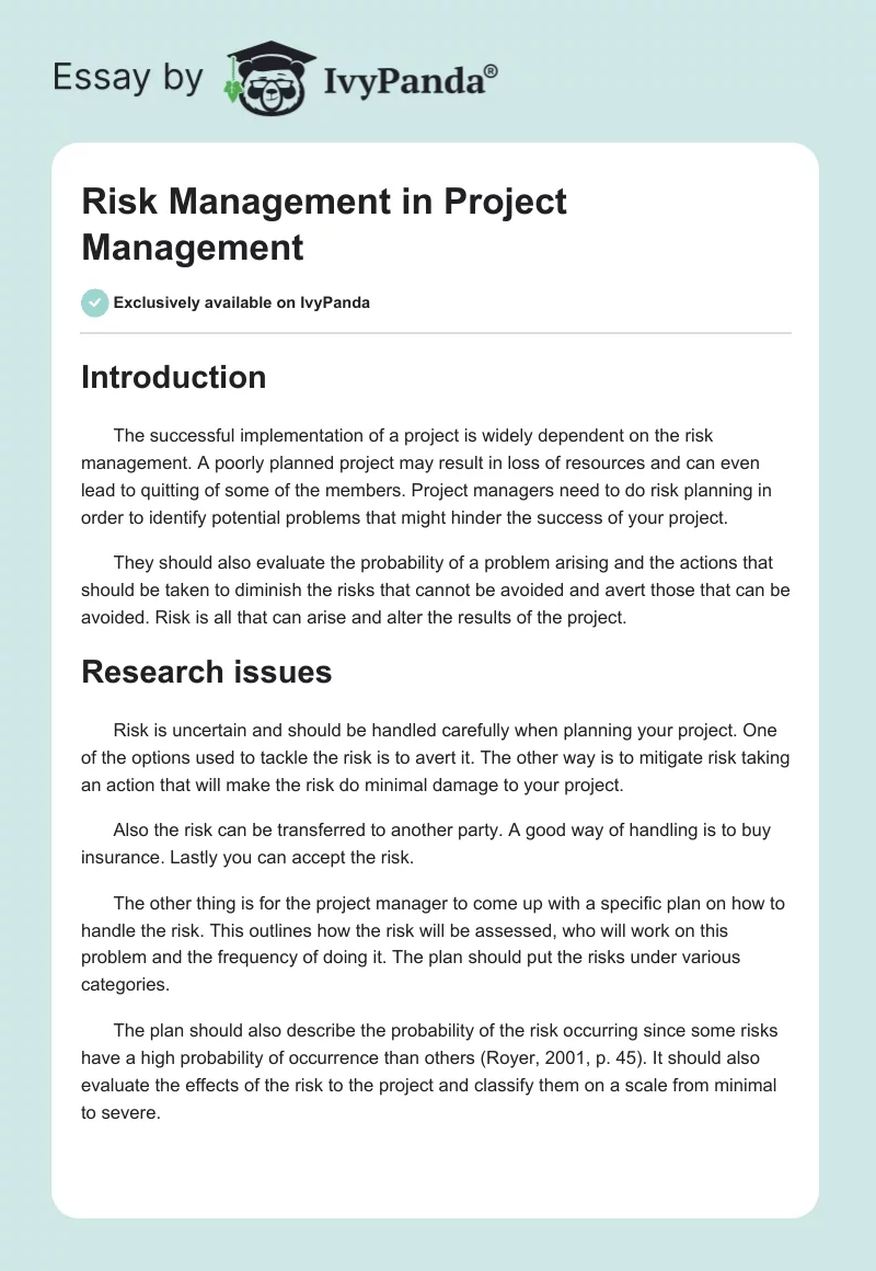 Risk Management in Project Management. Page 1