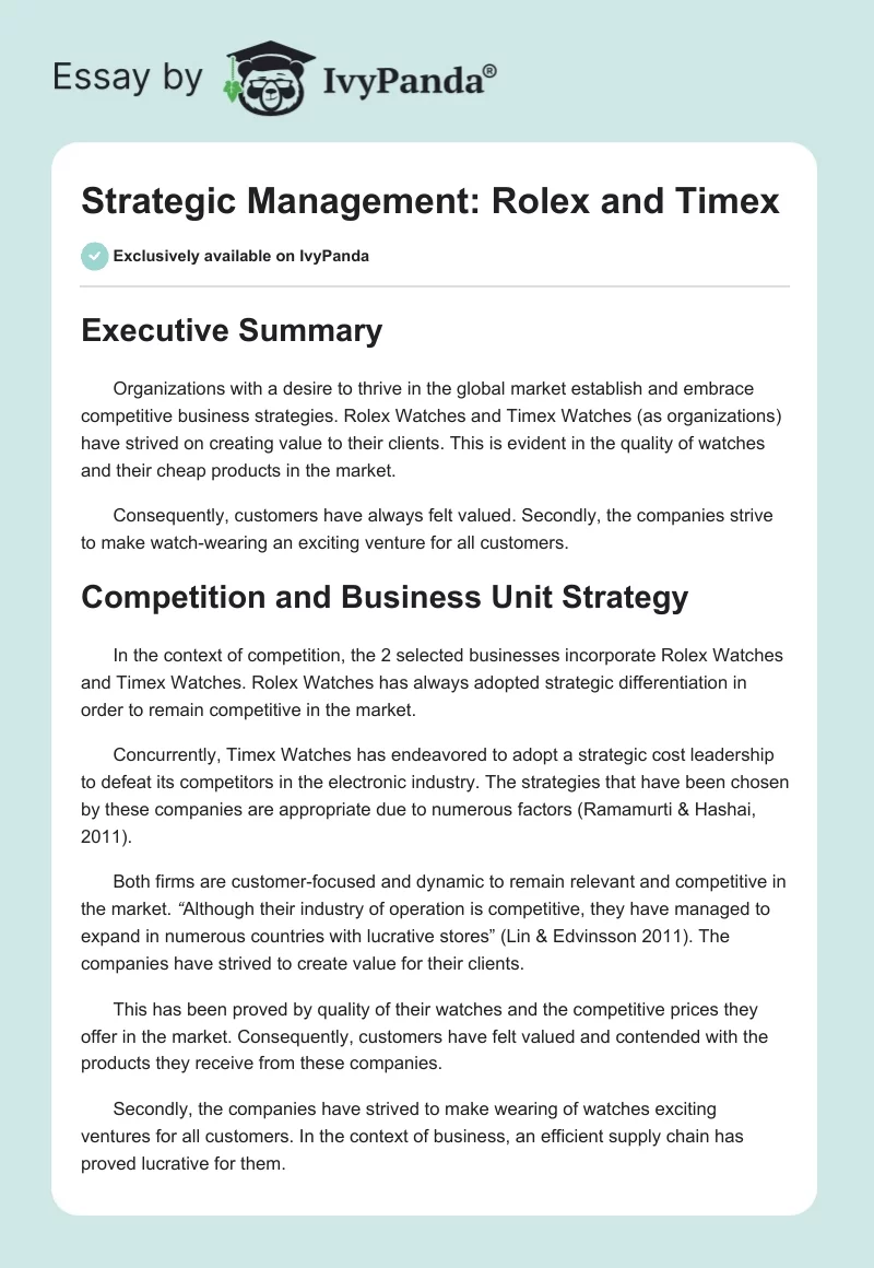 Strategic Management: Rolex and Timex. Page 1