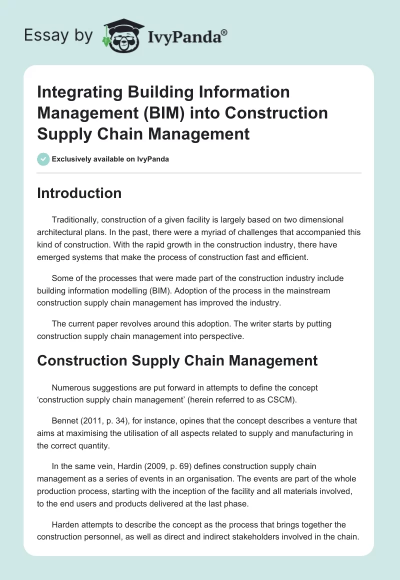Integrating Building Information Management (BIM) Into Construction Supply Chain Management. Page 1