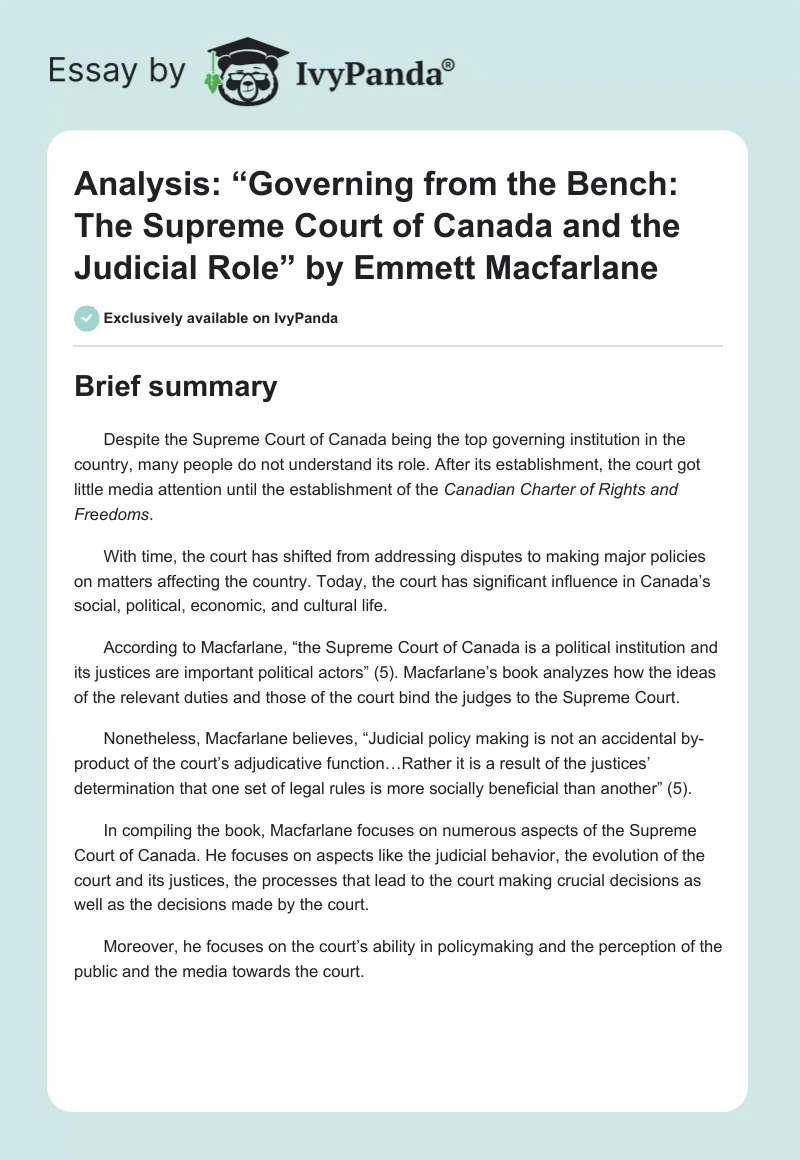 Analysis: “Governing From the Bench: The Supreme Court of Canada and the Judicial Role” by Emmett Macfarlane. Page 1