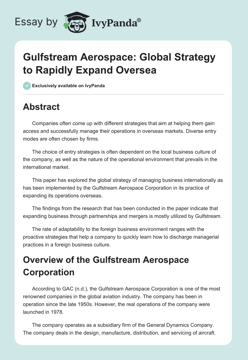 Gulfstream Aerospace: Global Strategy to Rapidly Expand Oversea. Page 1