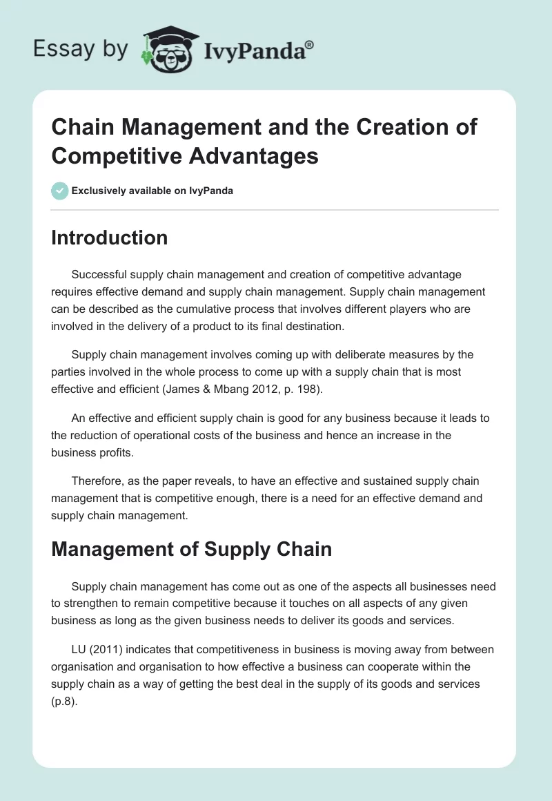 Chain Management and the Creation of Competitive Advantages. Page 1
