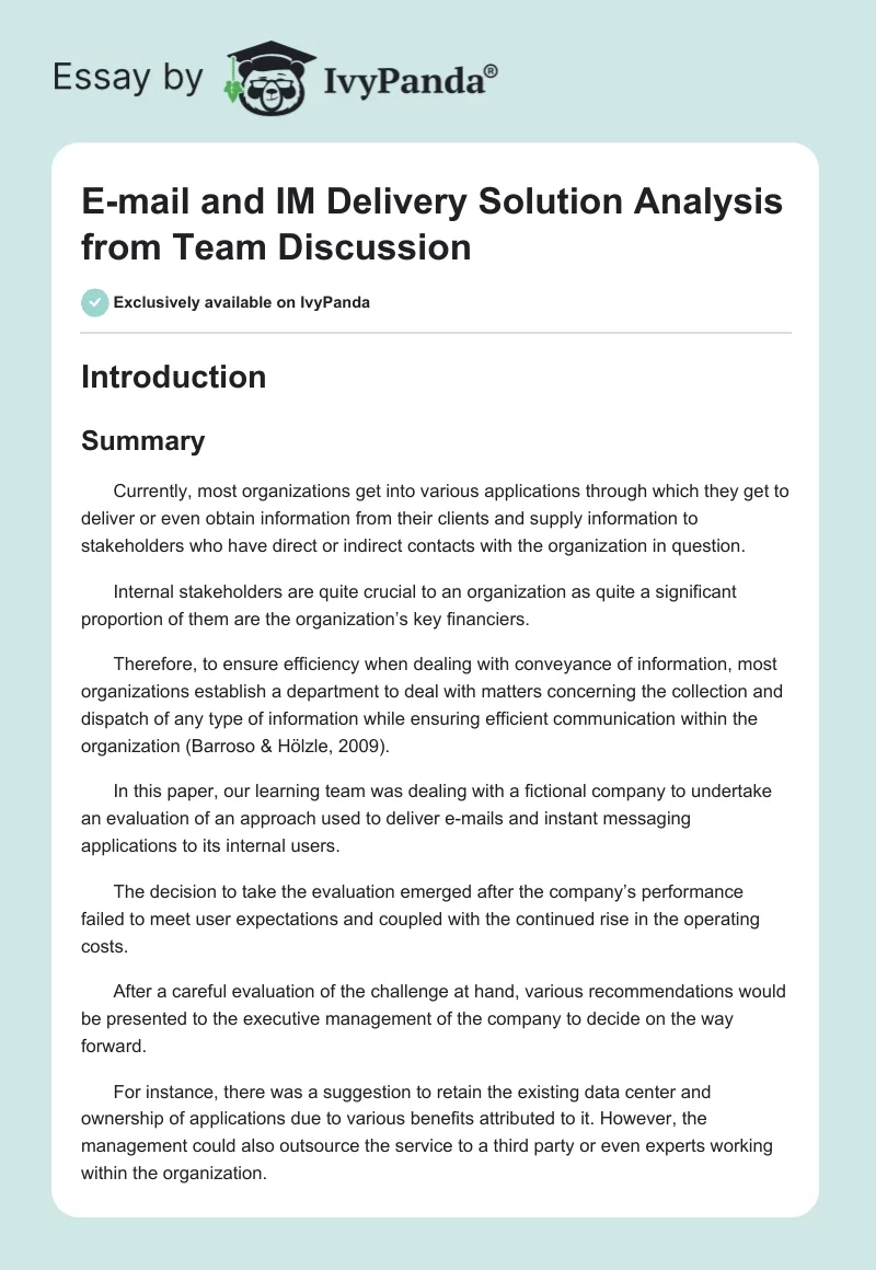 E-mail and IM Delivery Solution Analysis from Team Discussion. Page 1