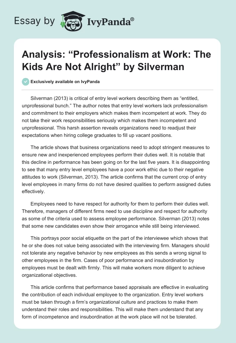 Analysis: “Professionalism at Work: The Kids Are Not Alright” by Silverman. Page 1
