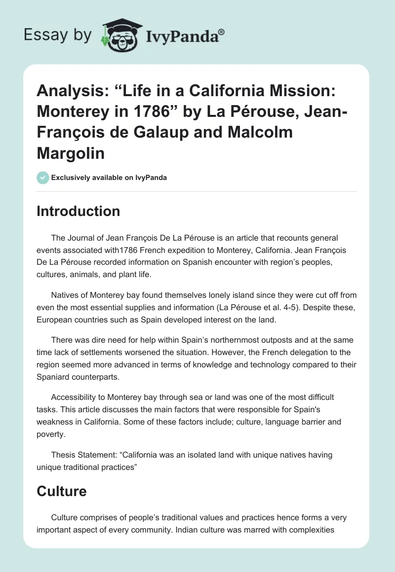 “Life in a California Mission: Monterey in 1786” by La Pérouse, Jean-François de Galaup and Malcolm Margolin. Page 1