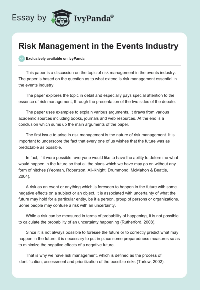 Risk Management in the Events Industry. Page 1