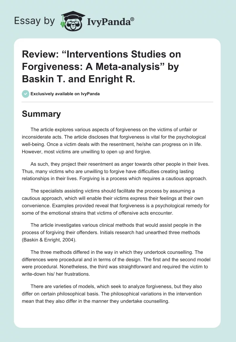 Review: “Interventions Studies on Forgiveness: A Meta-analysis” by Baskin T. and Enright R.. Page 1