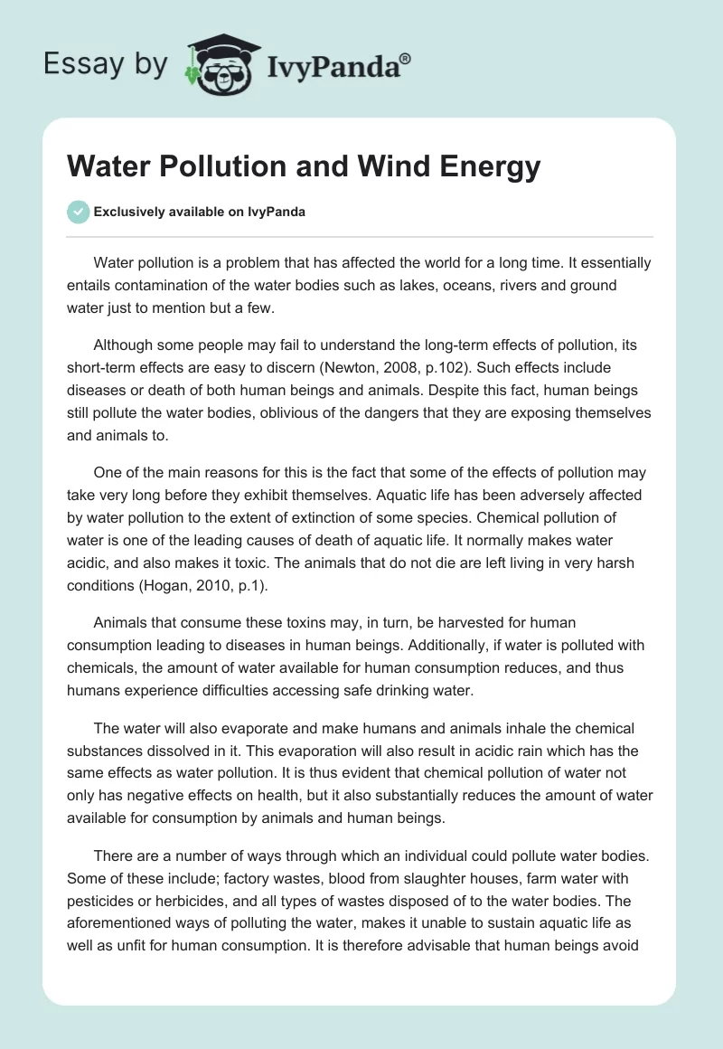 Water Pollution and Wind Energy. Page 1