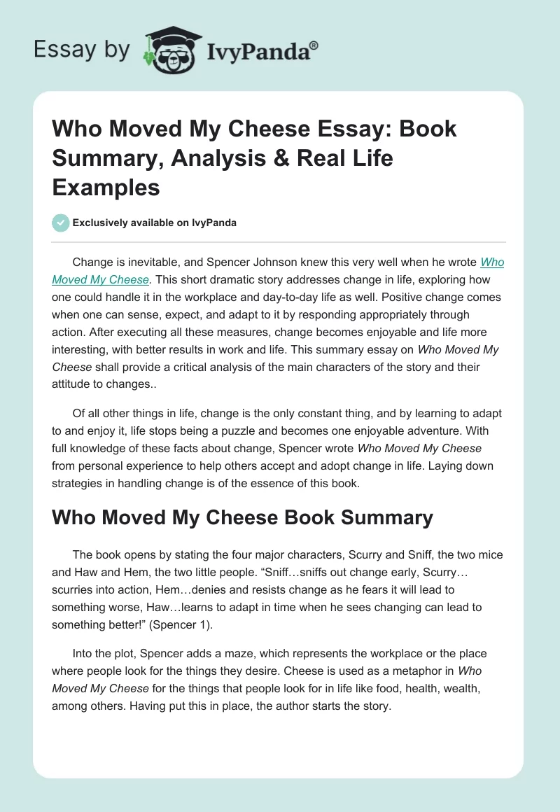 Who Moved My Cheese Essay: Book Summary, Analysis & Real Life Examples. Page 1