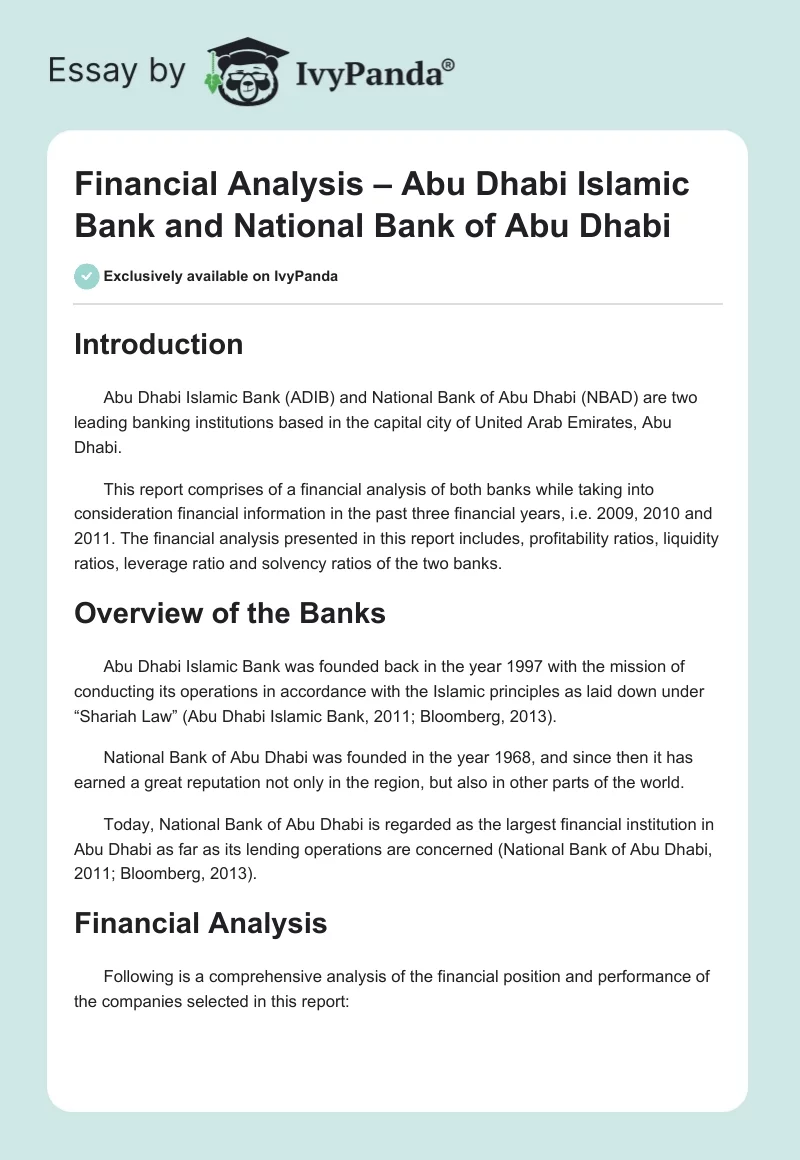 Financial Analysis – Abu Dhabi Islamic Bank and National Bank of Abu Dhabi. Page 1