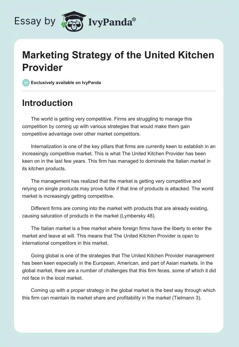 Marketing Strategy of the United Kitchen Provider. Page 1