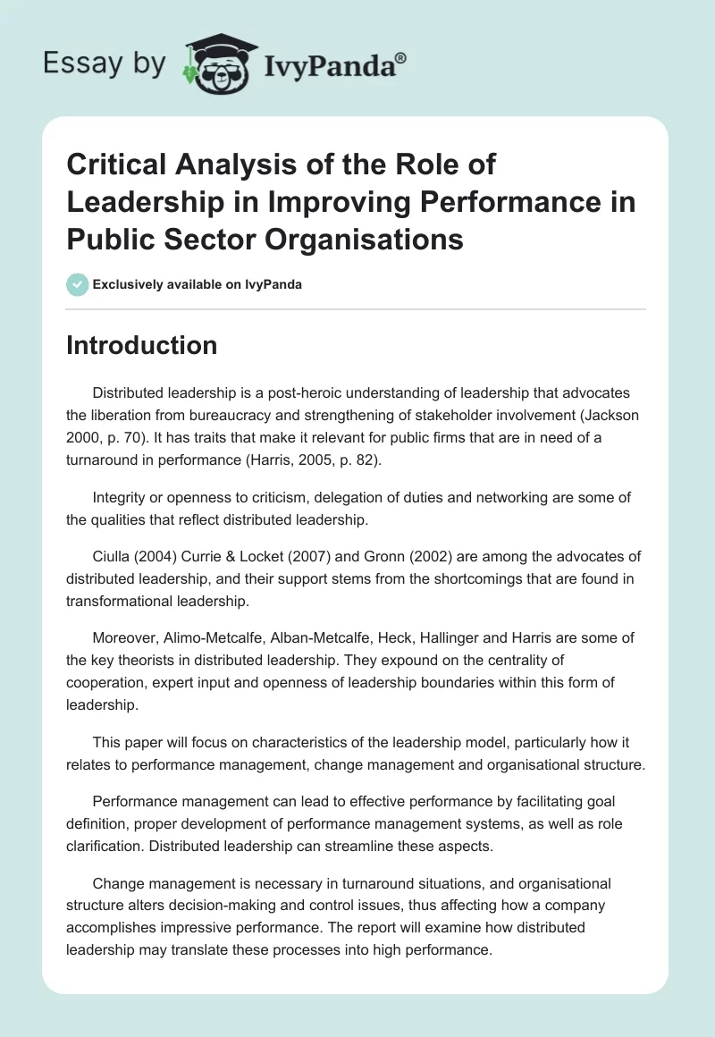 Critical Analysis of the Role of Leadership in Improving Performance in Public Sector Organisations. Page 1