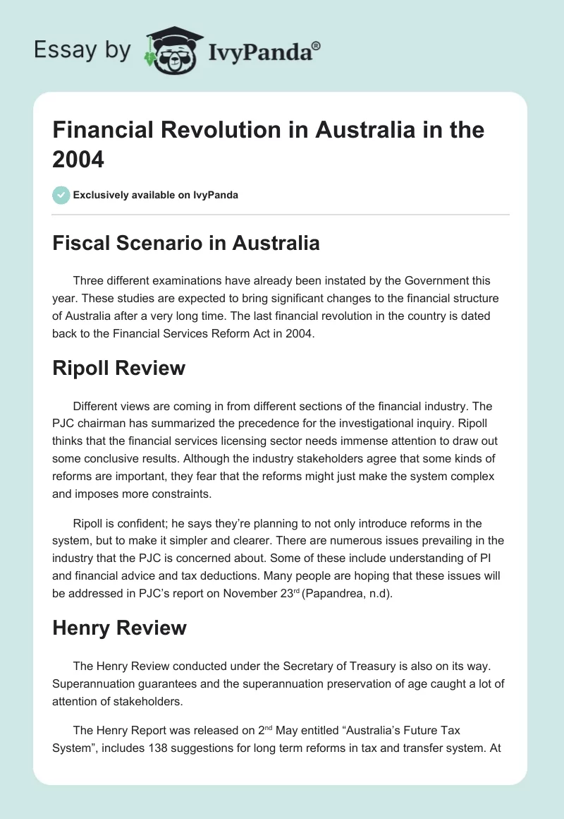 Financial Revolution in Australia in the 2004. Page 1