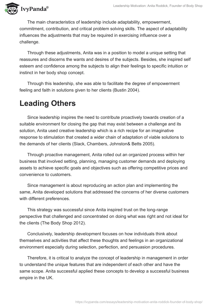 Leadership Motivation: Anita Roddick, Founder of Body Shop. Page 2