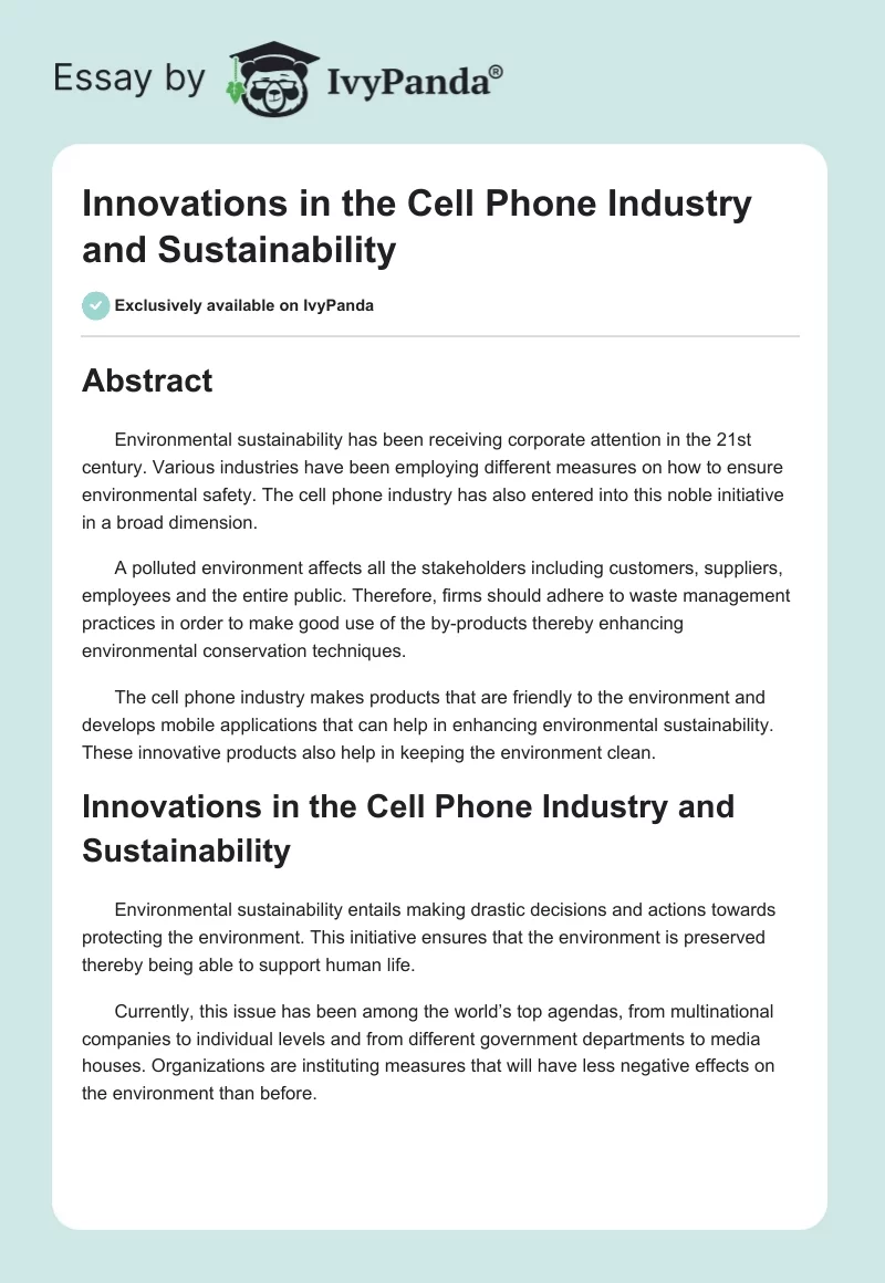 Innovations in the Cell Phone Industry and Sustainability. Page 1
