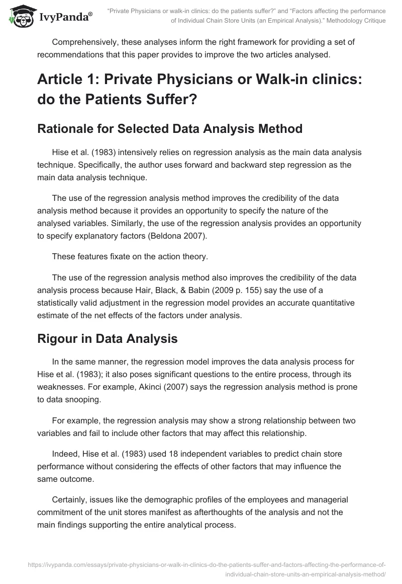 “Private Physicians or Walk-in Clinics: Do the Patients Suffer?” and “Factors Affecting the Performance of Individual Chain Store Units (an Empirical Analysis).” Methodology Critique. Page 2