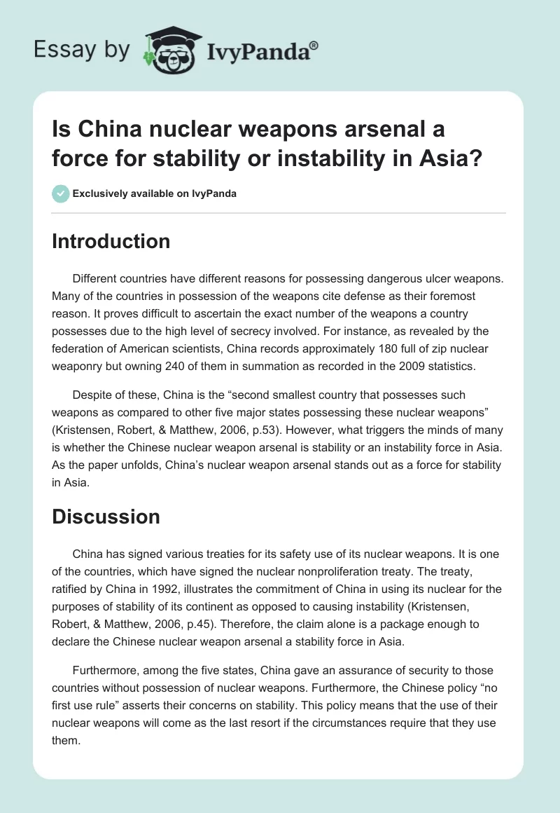Is China nuclear weapons arsenal a force for stability or instability in Asia?. Page 1