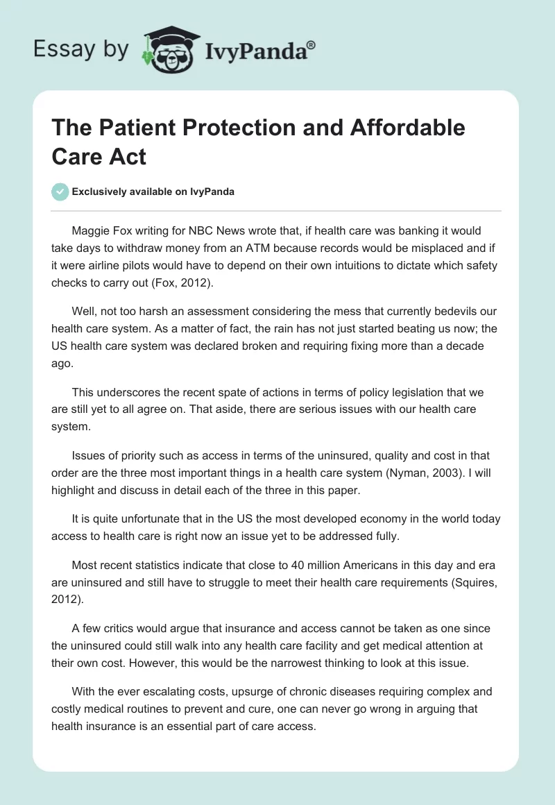 patient protection and affordable care act essay