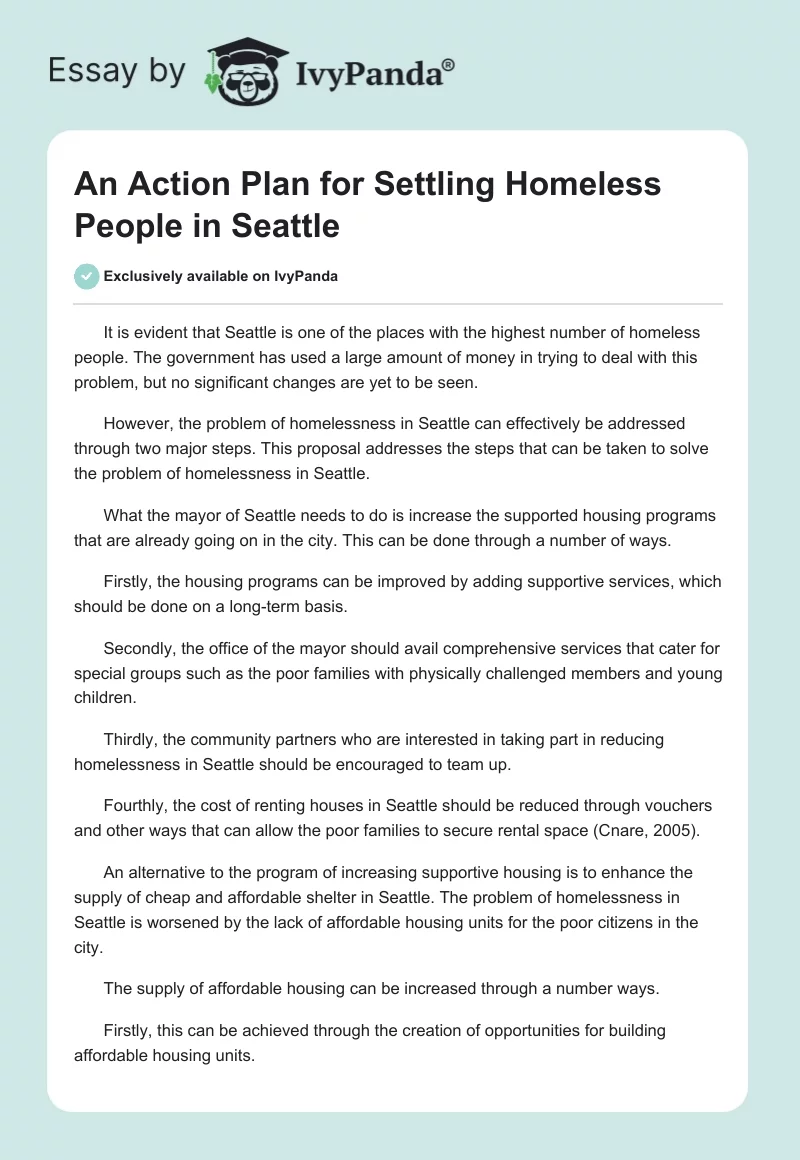 An Action Plan for Settling Homeless People in Seattle. Page 1